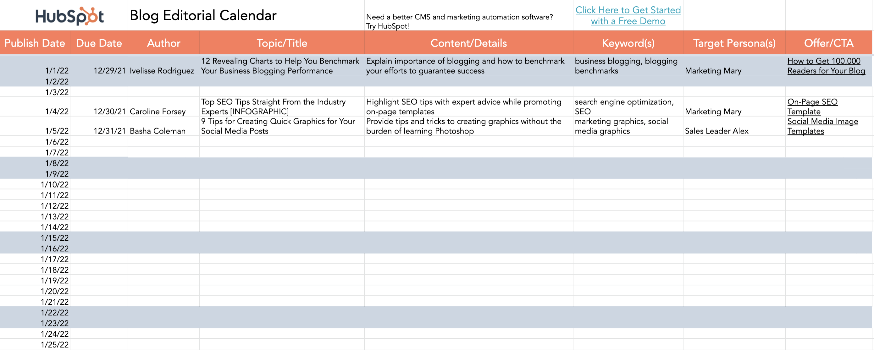 Capture d’écran d’un spreadsheet de planification éditoriale avec colonnes colorées et statuts