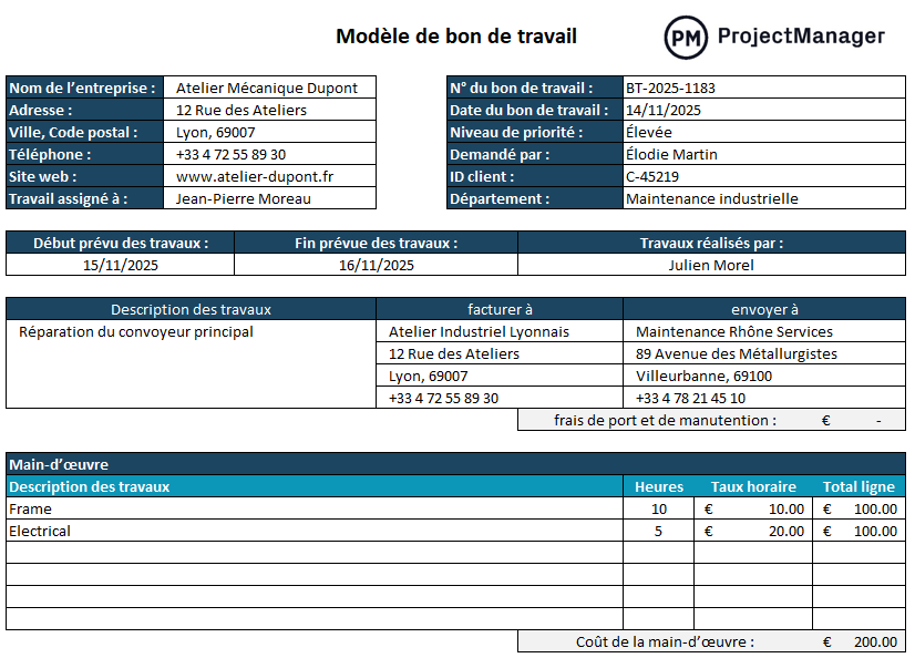 Tableau Excel de suivi des bons de travail GMAO avec colonnes dates, tâches, techniciens, statuts
